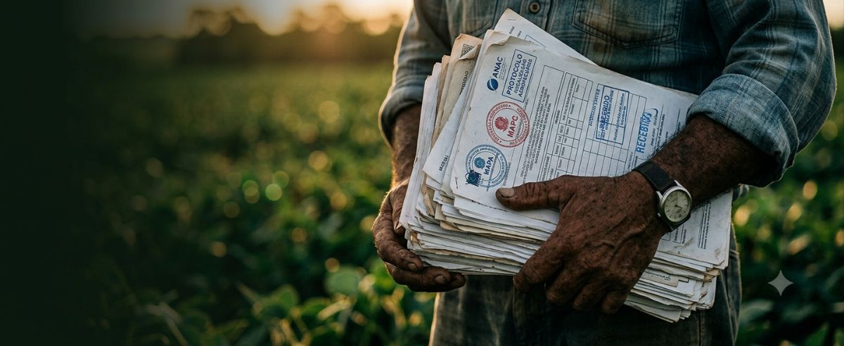 Produtor segurando protocolos de regularização ANAC e MAPA no campo